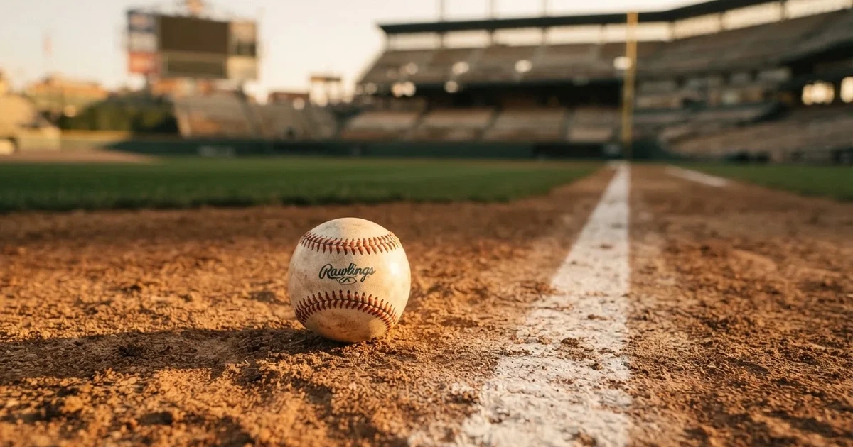 Ein weisser Baseball liegt auf rotbraunem Sand neben der Grundlinie eines leeren Stadions im warmen Abendlicht, die Ränge sind verlassen.