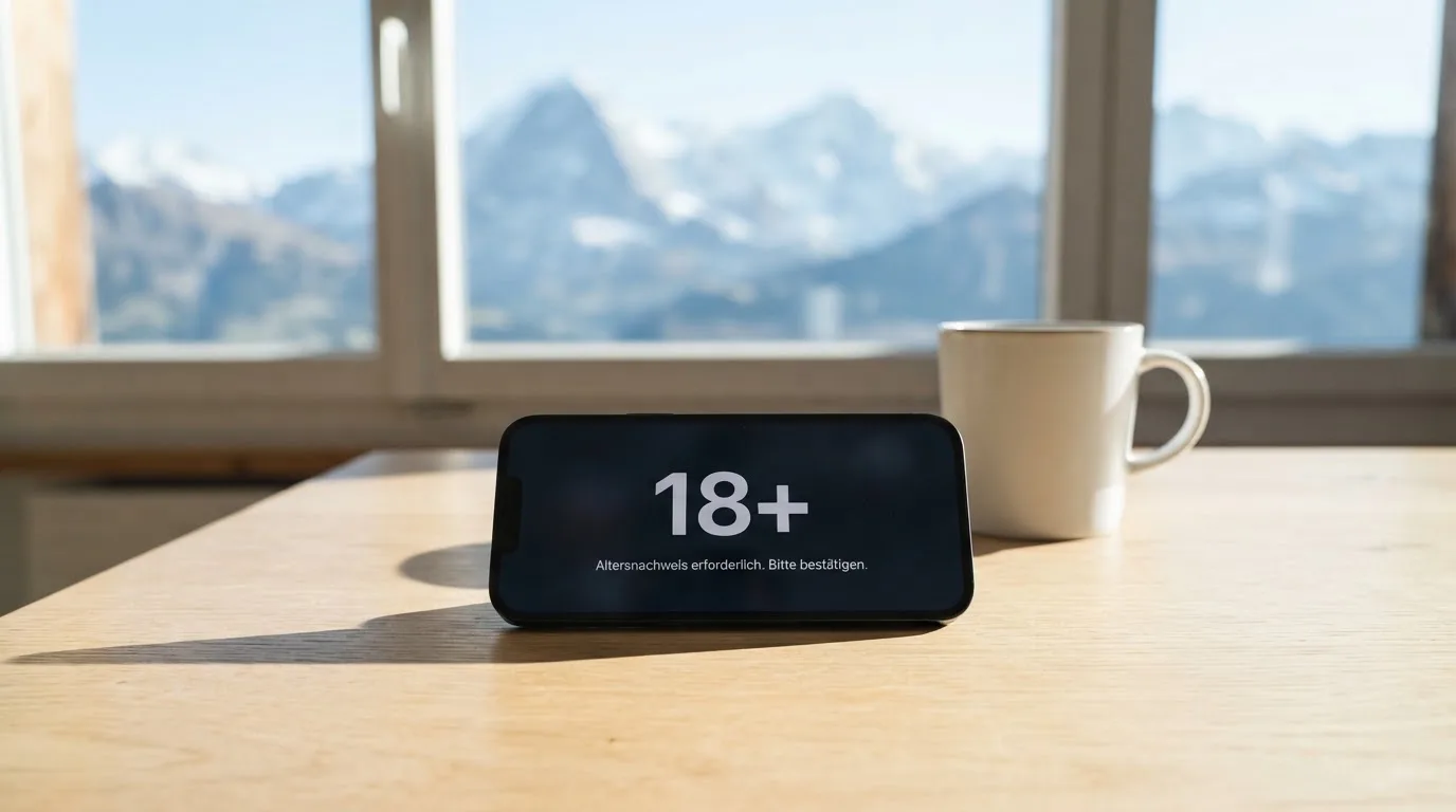 Ein Smartphone mit dunklem Bildschirm liegt auf einem hellen Schreibtisch neben einer Tasse, durch das Fenster dahinter sieht man eine Bergkette.