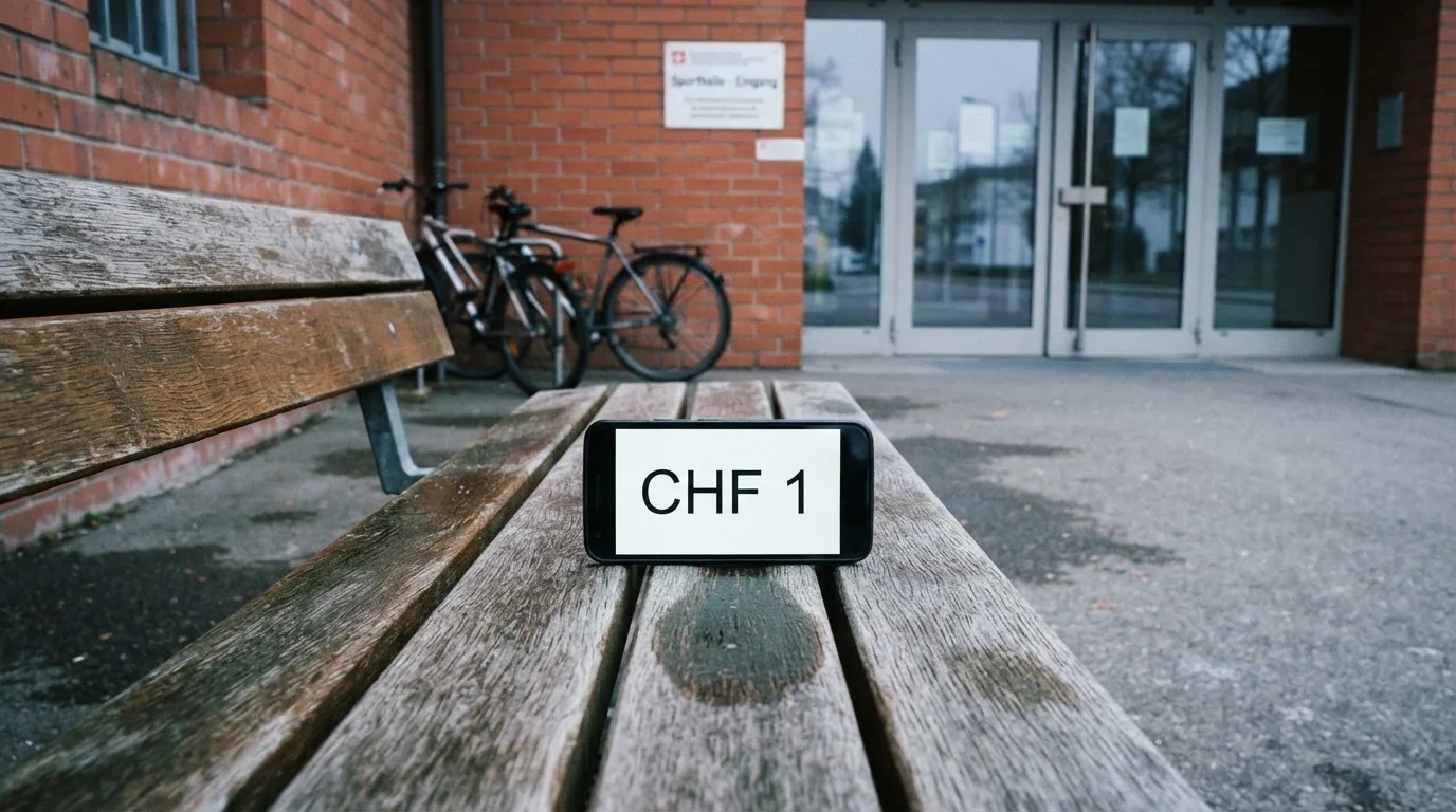 Eine Holzbank steht vor dem Eingang einer Turnhalle am frühen Morgen, daneben lehnen zwei Fahrräder an einer Backsteinwand.