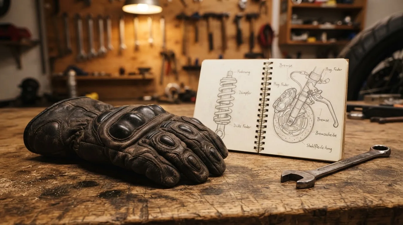 Ein Motorradhandschuh aus Leder liegt auf einer Werkbank neben einem Block mit handgezeichneten Skizzen und einem Schraubenschlüssel.