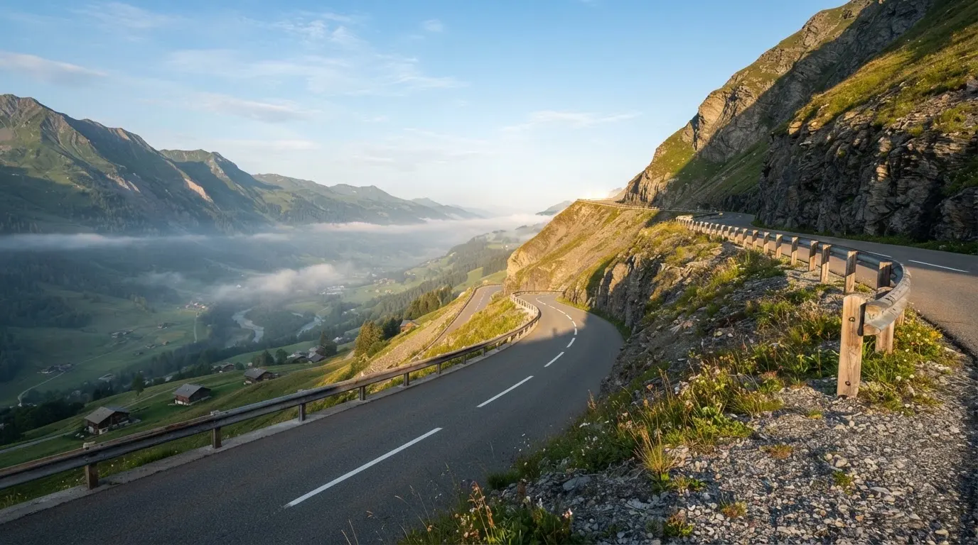 Eine Passstrasse in den Alpen mit enger Kurve und Leitplanke, darüber ein klarer Morgenhimmel und einzelne Nebelschwaden im Tal.