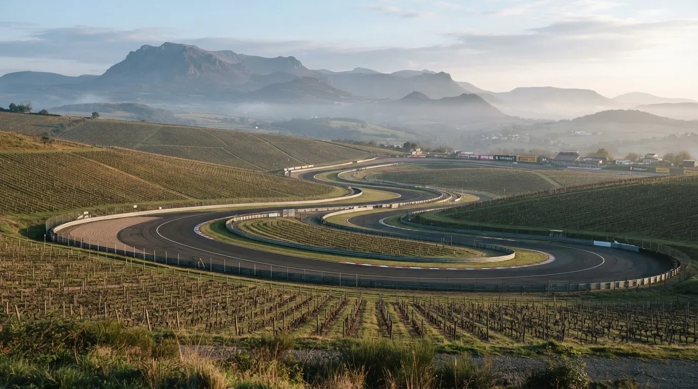 Eine Rennstrecke aus der Ferne zwischen Weinbergen und einer Bergkette, Dunst liegt am frühen Morgen über dem Asphalt.