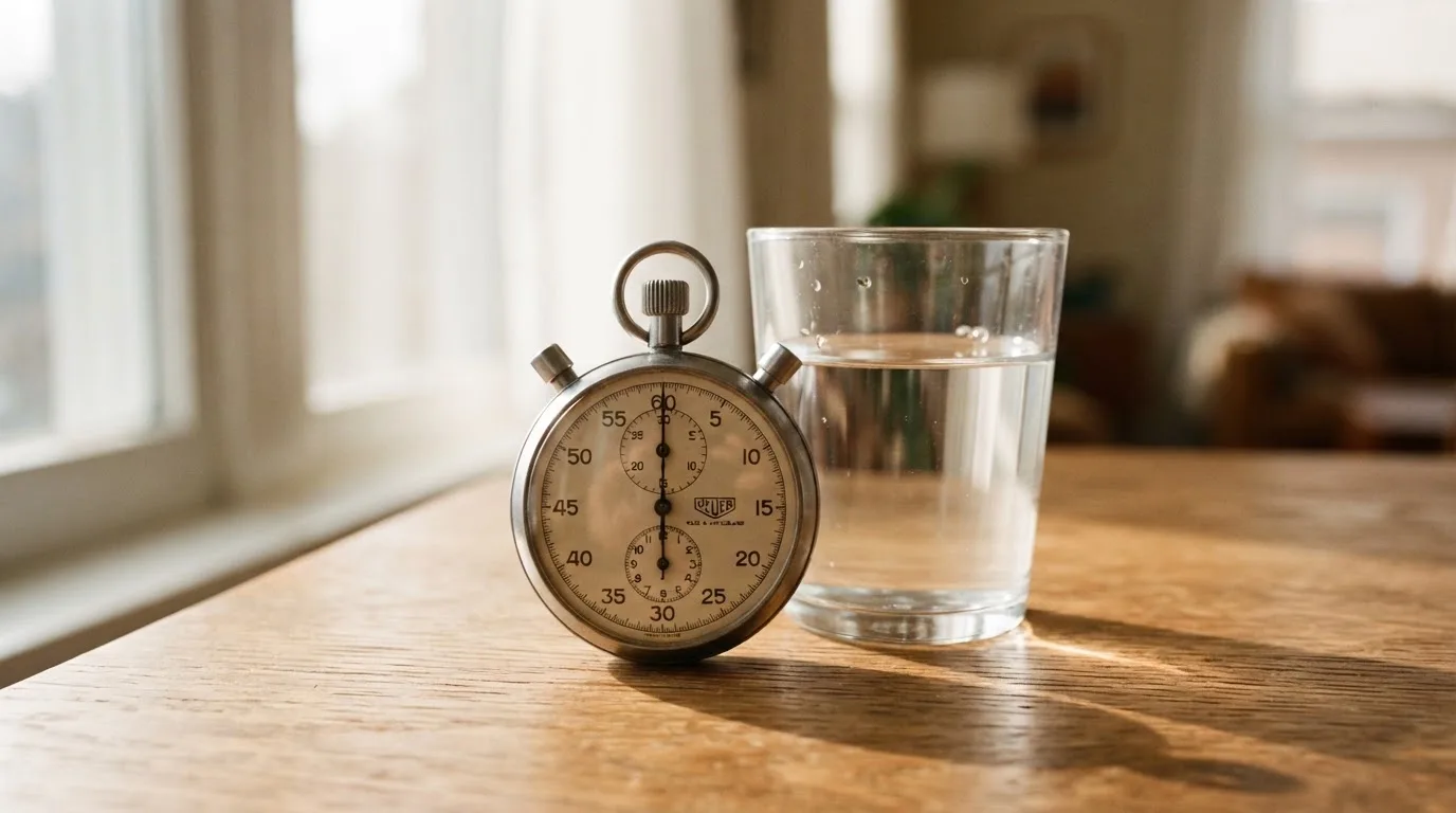 Eine Stoppuhr aus Metall liegt auf einem Holztisch neben einem Glas Wasser, das Licht fällt von der Seite durch ein Fenster.