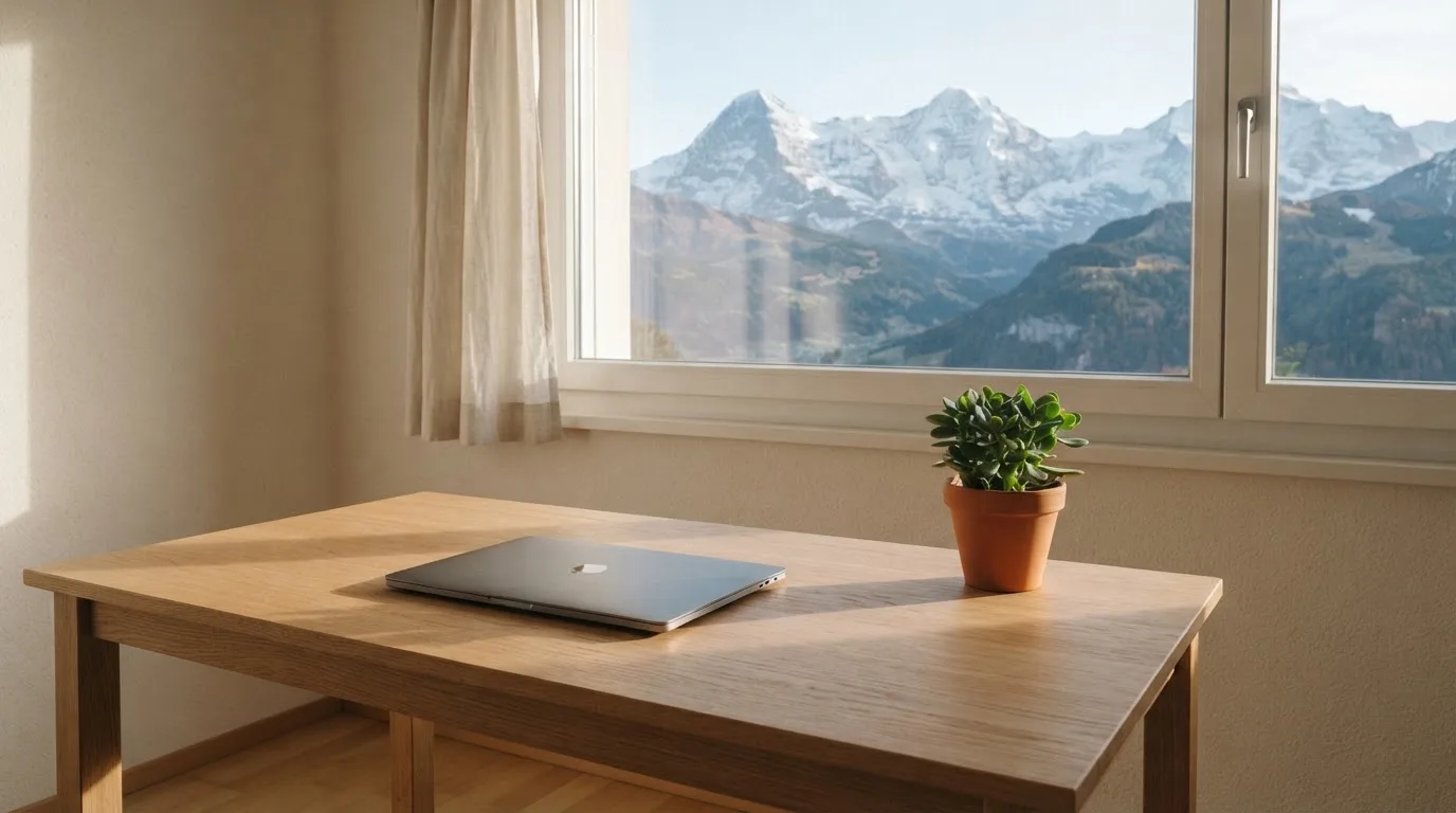 Ein Schreibtisch mit einem geschlossenen Laptop und einer Zimmerpflanze vor einem Fenster mit Blick auf eine Bergkette im Morgenlicht.