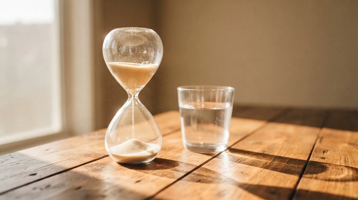 Eine Sanduhr steht auf einem Holztisch neben einem Glas Wasser, schräges Morgenlicht wirft einen langen Schatten über die Tischplatte.