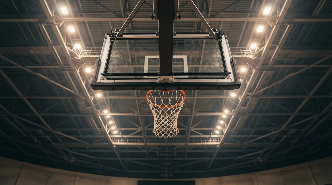 Ein Basketballkorb von unten gesehen, darüber eine Hallendecke mit Scheinwerfern und Stahlträgern.