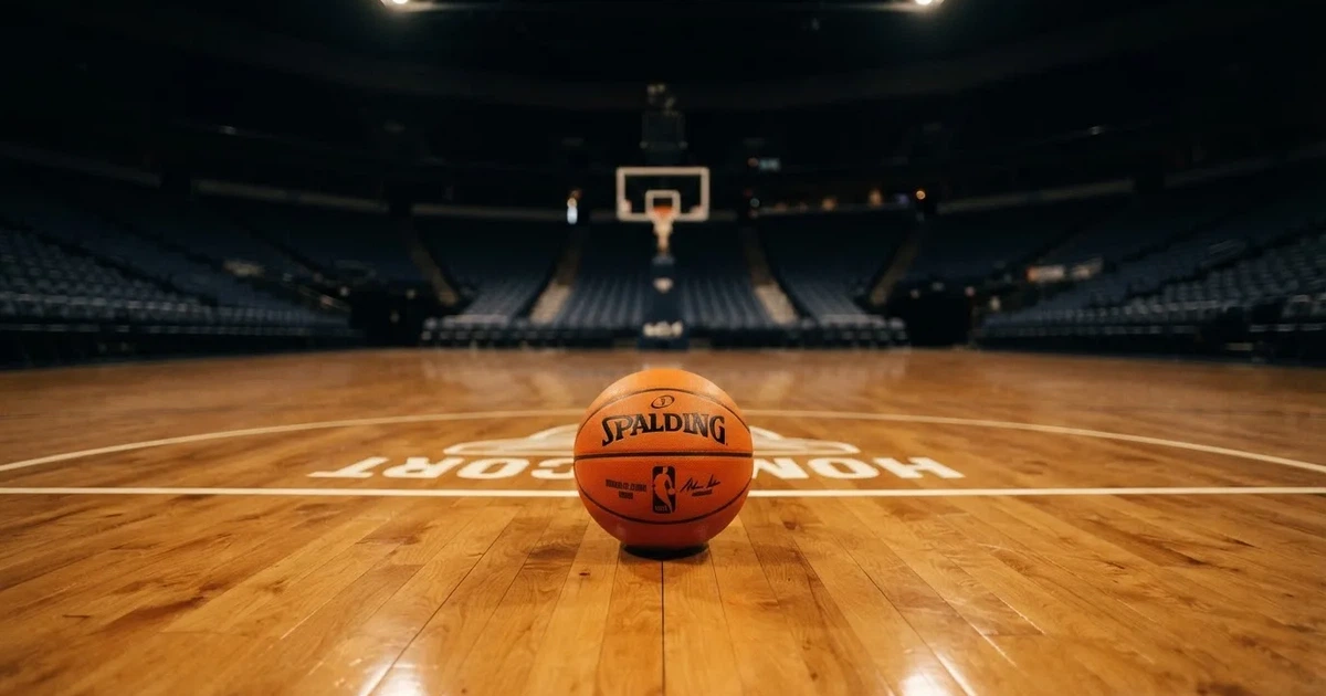 Ein orangefarbener Basketball liegt auf dem Parkett einer leeren Halle unter hellem Flutlicht, die Tribünen sind dunkel.