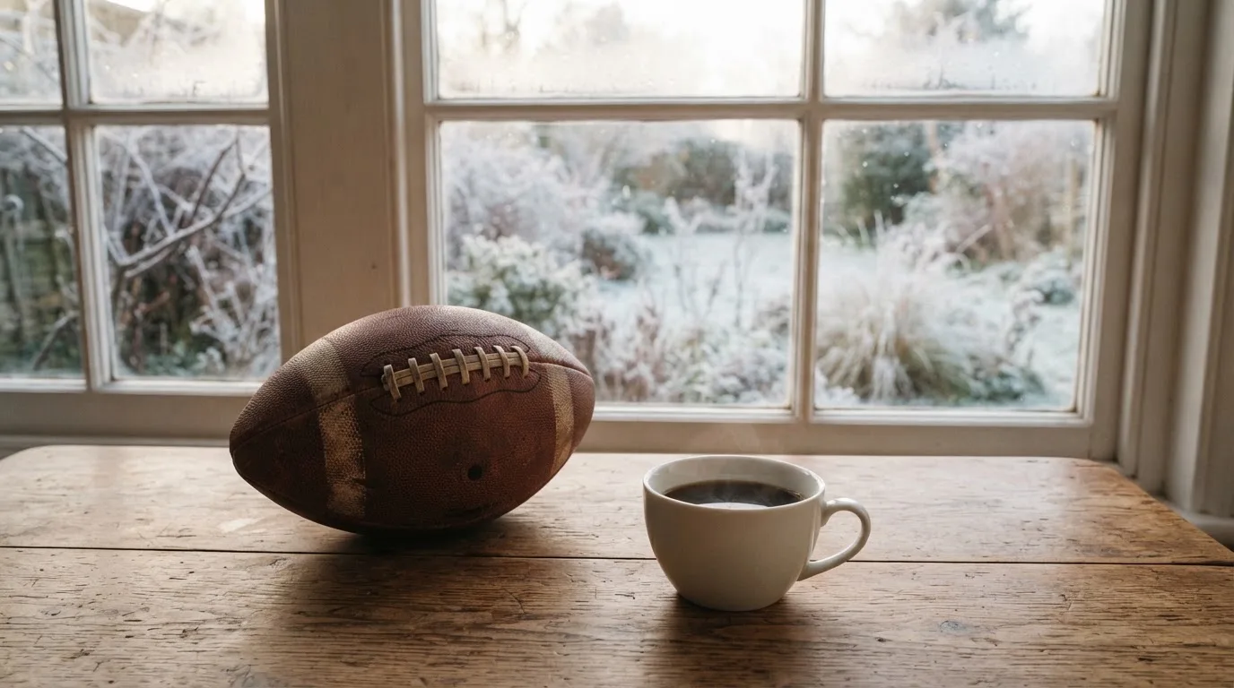 Ein Kaffeebecher und ein Football stehen auf einem Küchentisch am Morgen, durch das Fenster sieht man einen Garten mit Raureif.