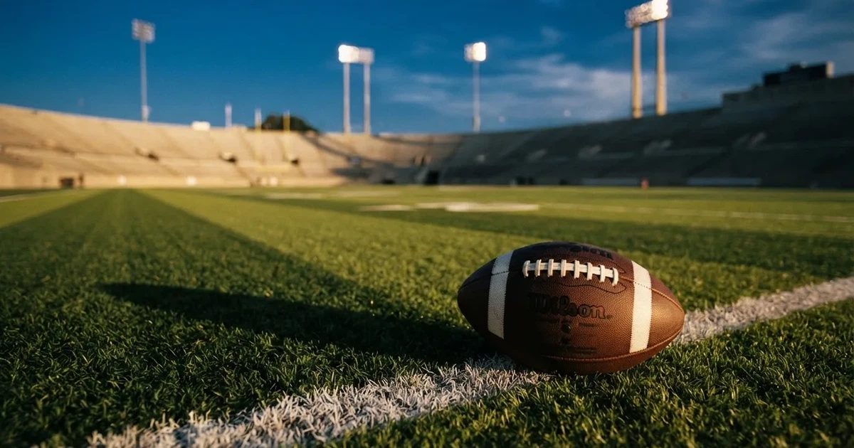 Ein ovaler Football liegt auf frisch gemähtem Rasen neben einer weissen Linie, im Hintergrund stehen leere Flutlichtmasten im Abendlicht.