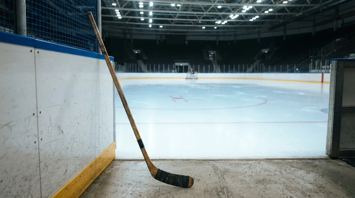 Ein Eishockeyschläger lehnt an der Bande, in der Ferne liegt die hell beleuchtete Eisfläche einer Halle unter Flutlicht.