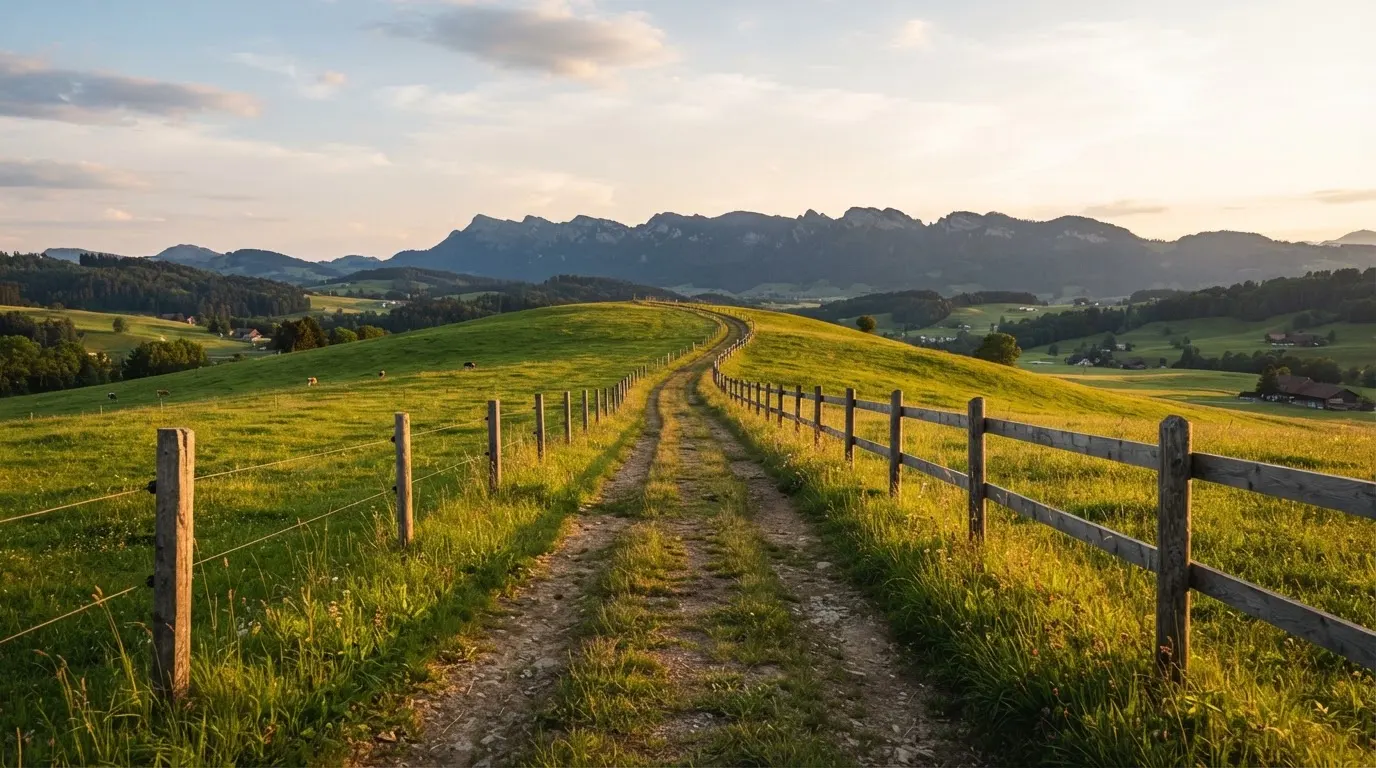 Ein Feldweg führt zwischen Weiden mit Holzzaun auf eine Hügelkette zu, über den Wiesen liegt weiches Abendlicht.