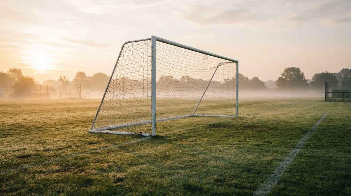 Ein Fussballtor mit Netz in der Totalen auf einem leeren Platz, Tau glänzt im Gras und die Morgensonne steht tief.