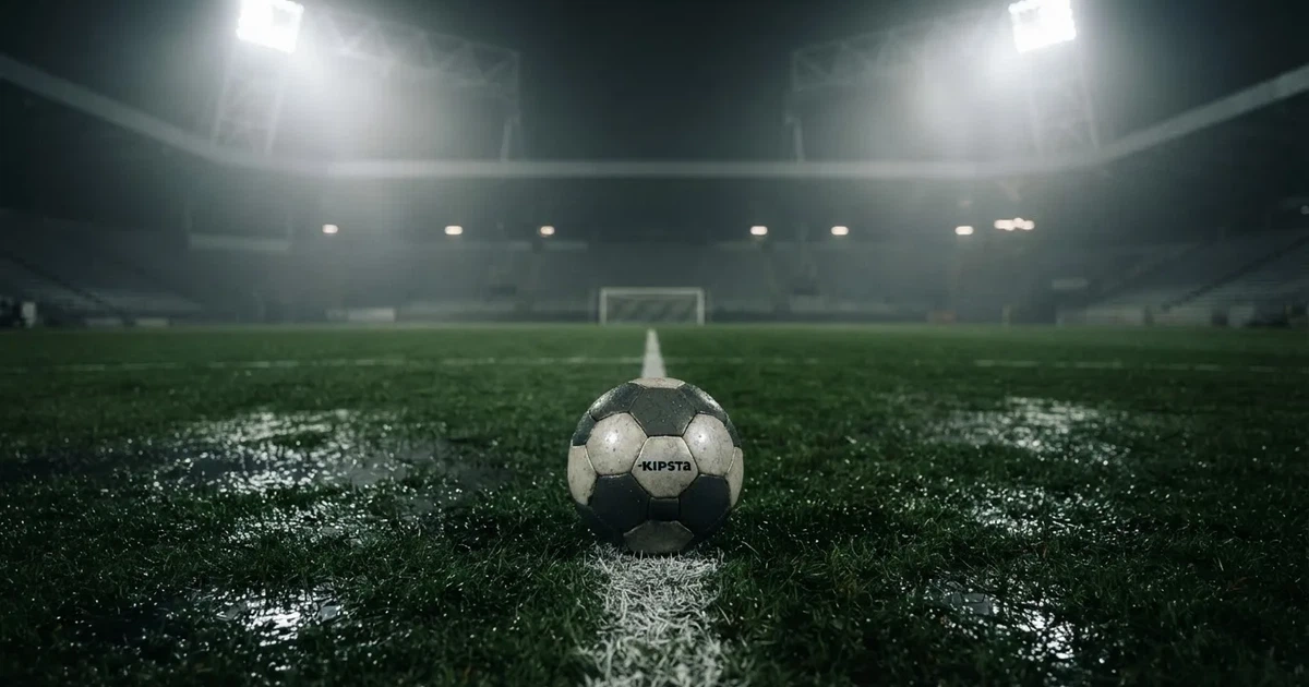 Ein Fussball liegt auf der Strafraumlinie eines nassen Rasens, dahinter stehen Flutlichtmasten im aufsteigenden Nebel.