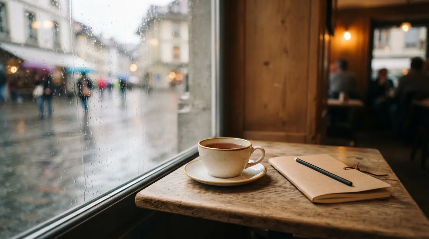 Ein Café-Tisch am Fenster mit einer Teetasse, draussen ein nasser Gehweg und Passanten mit Regenschirmen in unscharfer Ferne.