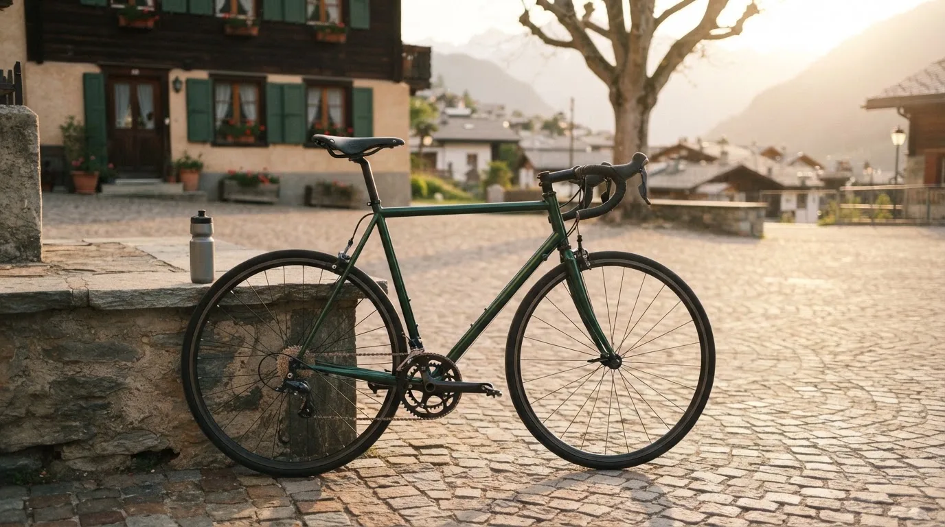 Ein Rennrad lehnt an einer Steinmauer am Rand eines Dorfplatzes, daneben eine Trinkflasche im ersten Sonnenlicht.