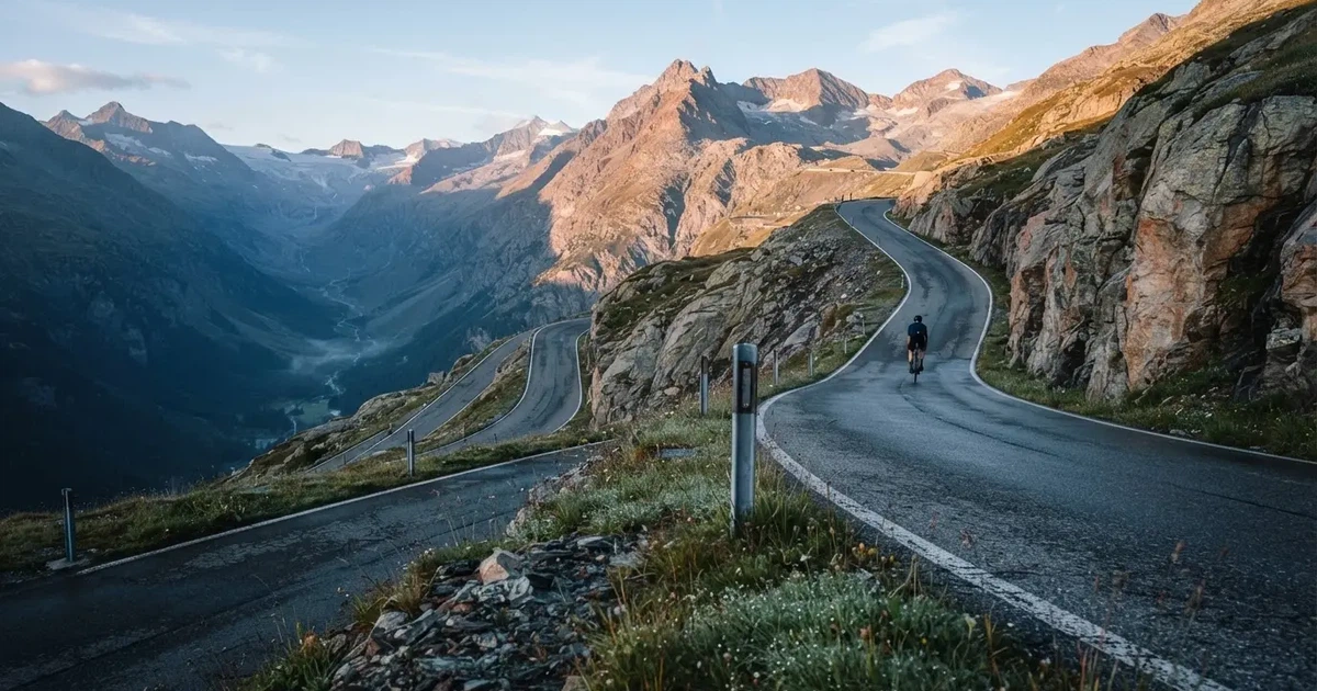 Eine Landstrasse schlängelt sich einen Alpenpass hinauf, am Strassenrand liegt feuchtes Gras und die Morgensonne färbt die Felsen.