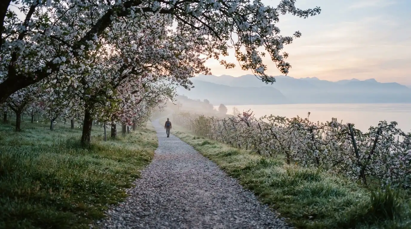 Ein langer Kiesweg zwischen Obstbäumen am Seeufer, im Hintergrund die Silhouette von Bergen im Dunst eines frühen Morgens.