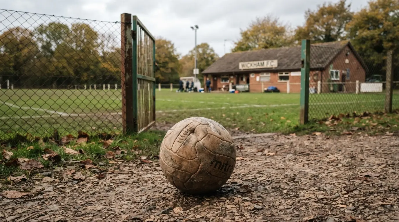 Ein abgenutzter Fussball liegt auf einem Kiesweg neben dem Eingang eines Vereinsplatzes, Laub liegt auf dem Boden.