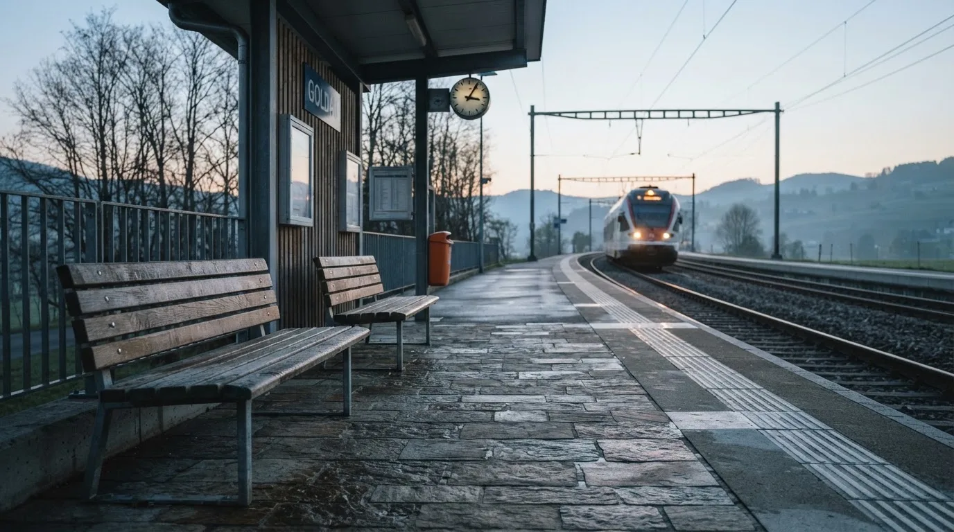 Ein Bahnsteig mit leeren Bänken an einem Regionalbahnhof am Morgen, ein Zug fährt in der Ferne ein.