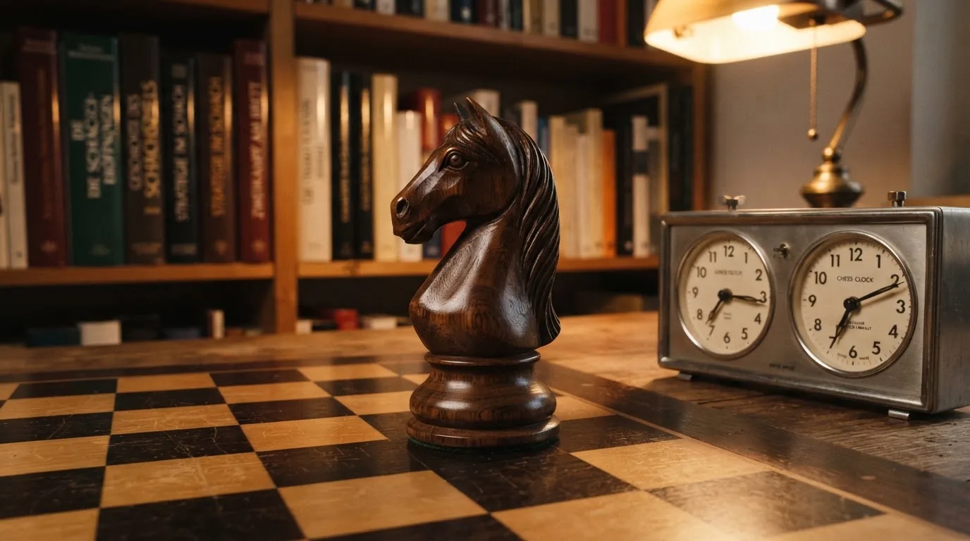 Ein Springer aus Holz steht allein auf einem Brett neben einer Schachuhr aus Metall, im Hintergrund unscharfe Bücherregale.