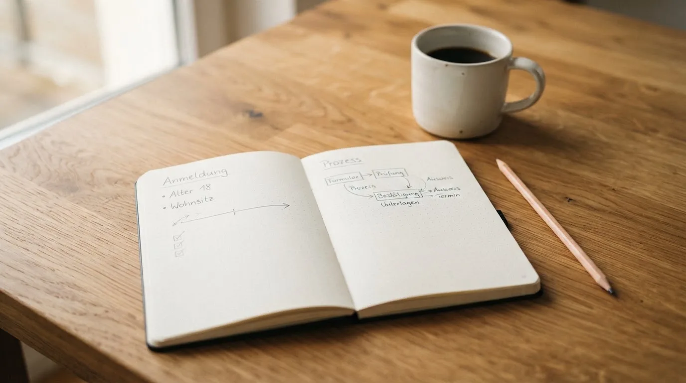 Ein aufgeschlagenes Notizbuch mit handschriftlichen Skizzen neben einem Bleistift und einer Kaffeetasse auf einem Holztisch.