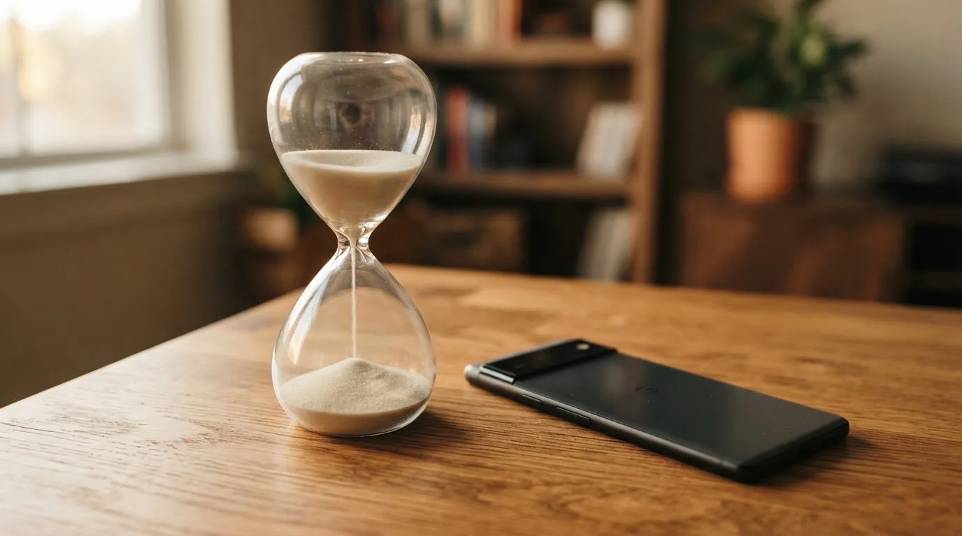 Eine Sanduhr steht auf einem Holztisch neben einem umgedrehten Smartphone, warmes Licht fällt von der Seite ein.