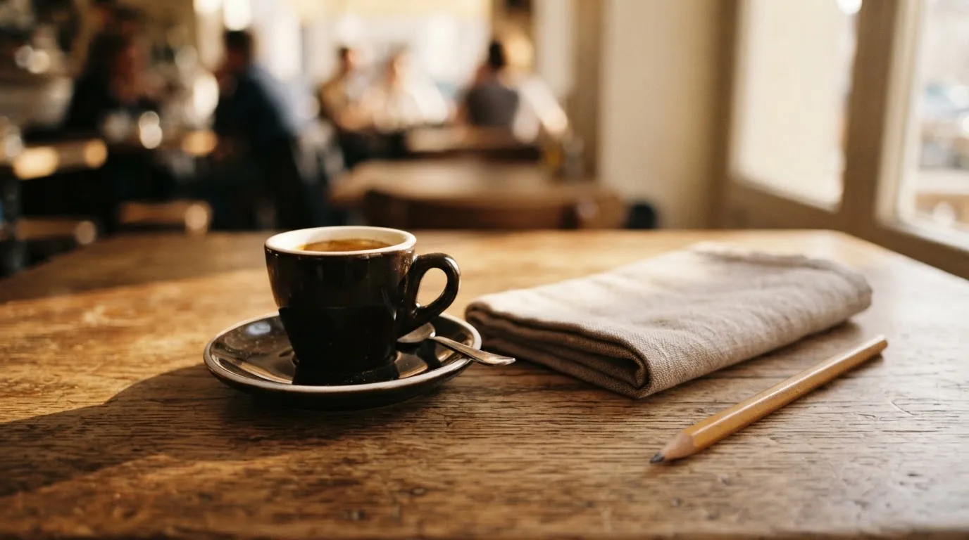 Eine Espressotasse und ein Bleistift liegen auf einem Caféhaustisch neben einer gefalteten Stoffserviette im Licht der Morgensonne.