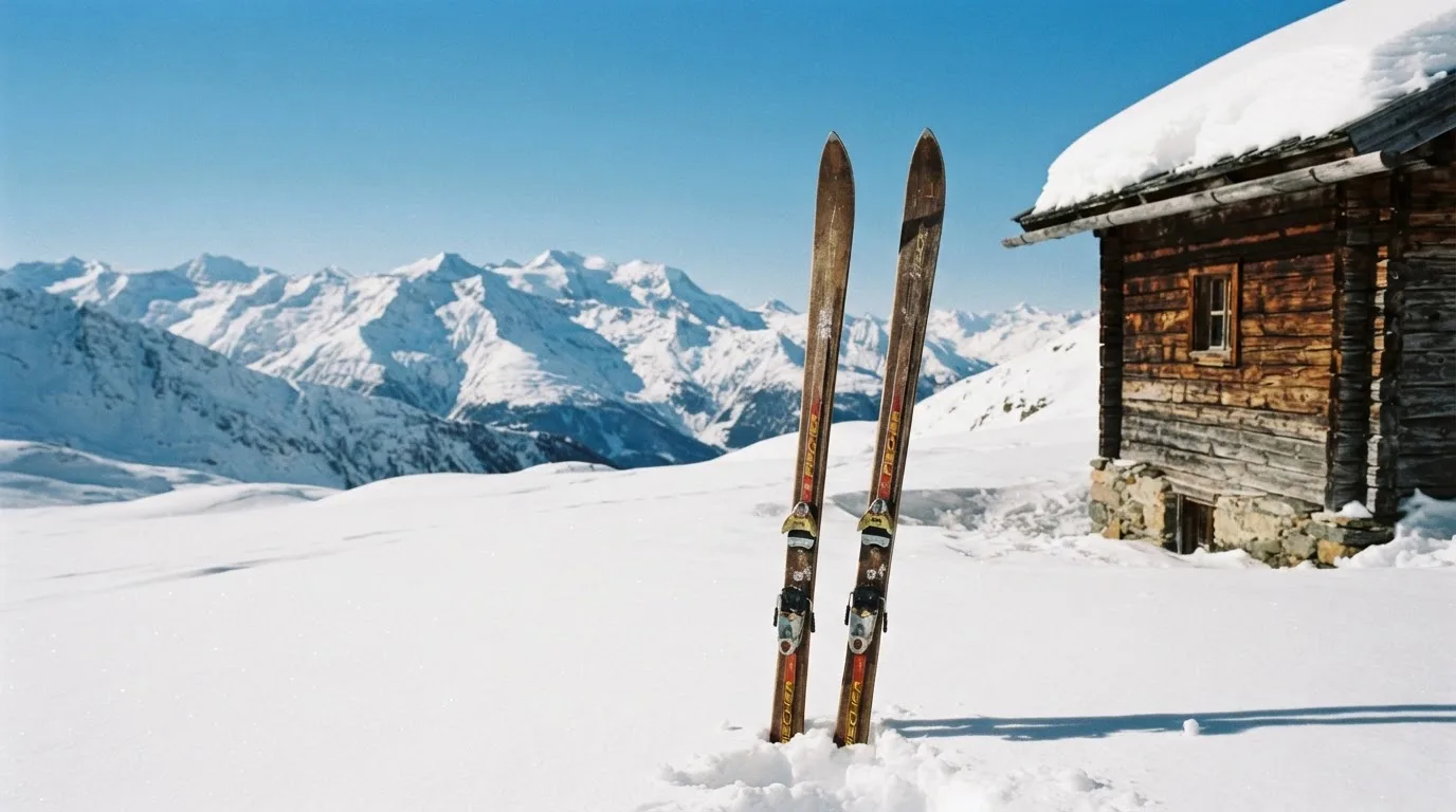 Zwei Skier stecken aufrecht im Schnee neben einer Holzhütte, dahinter ein weites Alpenpanorama bei klarem Himmel.