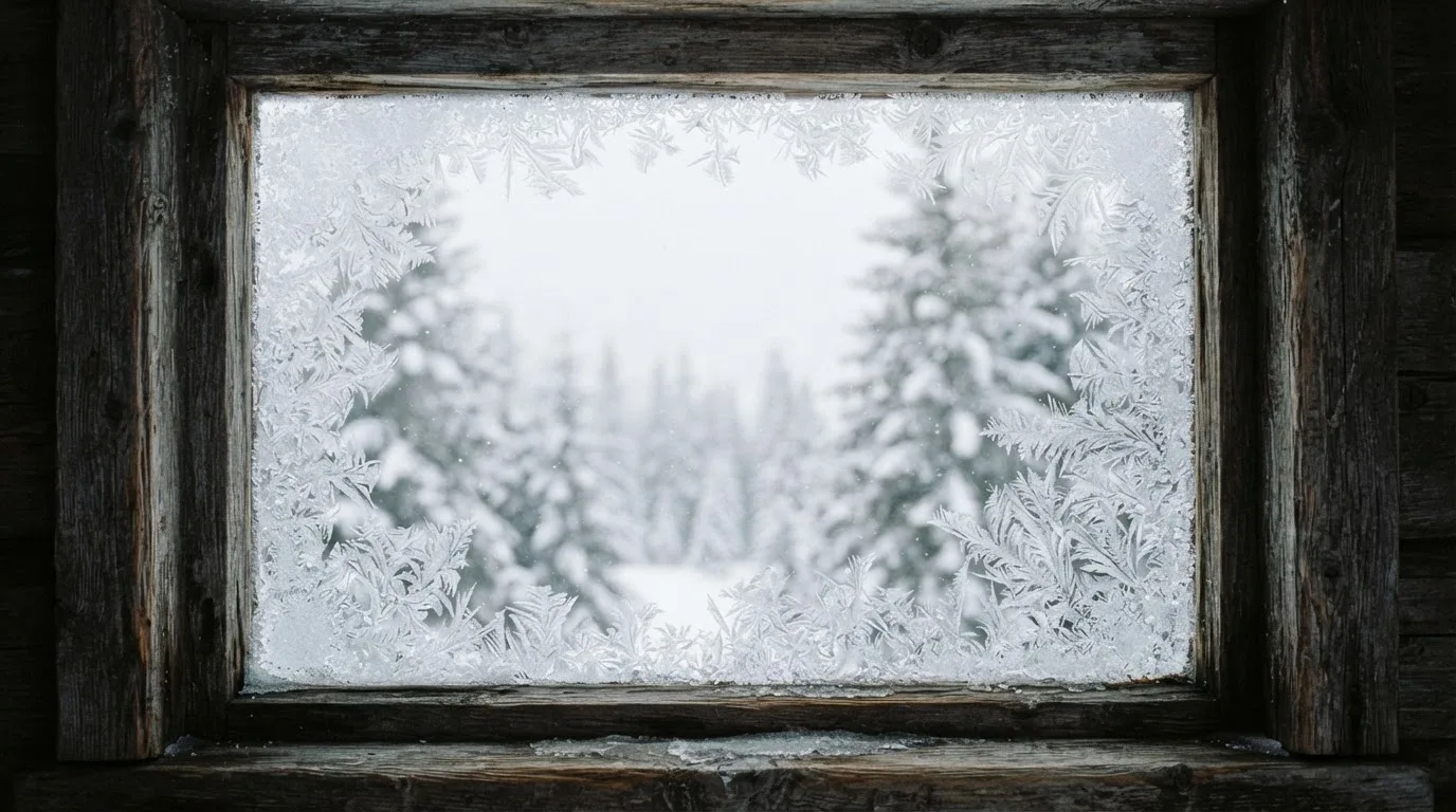 Ein vereistes Fenster einer Berghütte mit Blick auf verschneite Tannen im blassen Winterlicht.