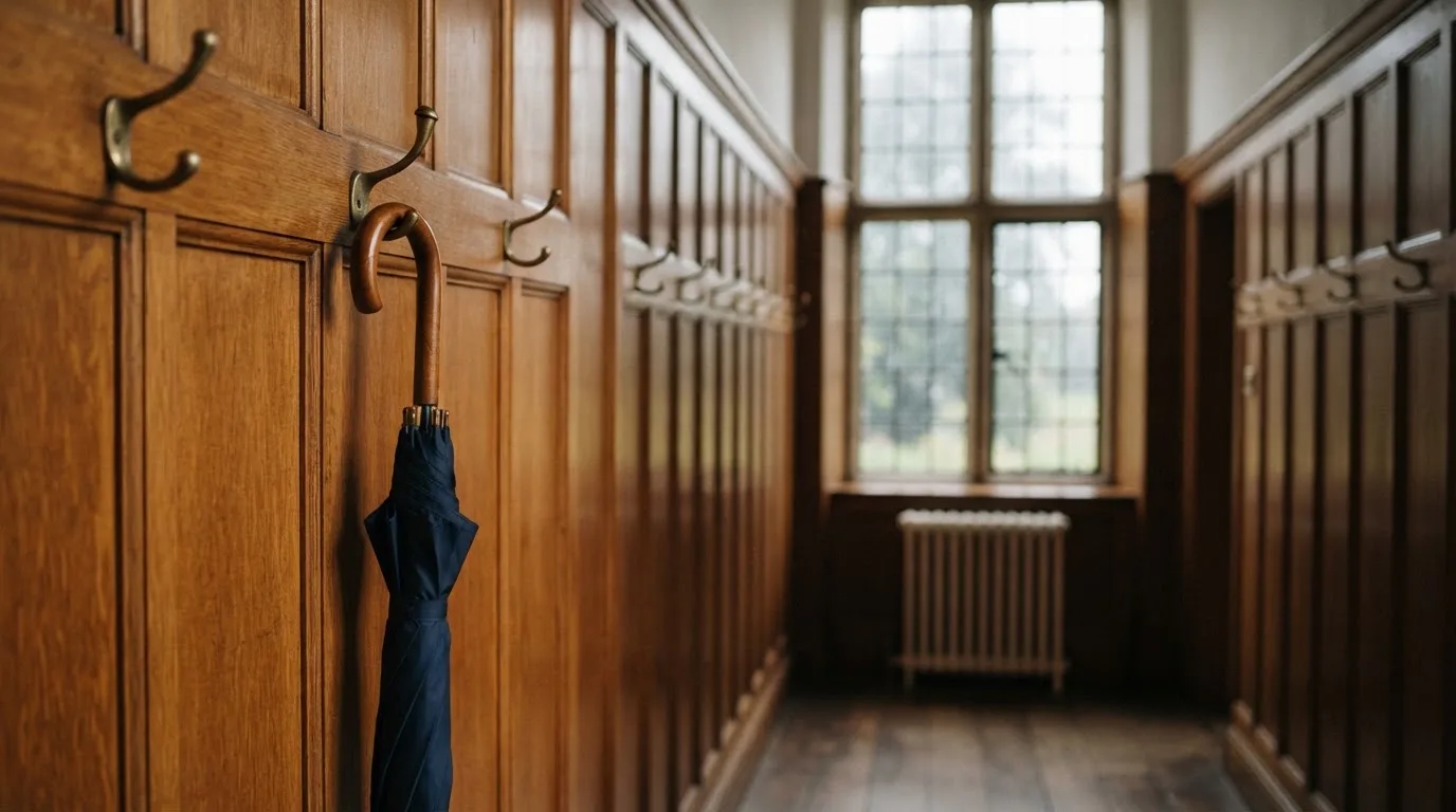 Eine Garderobe aus Holz mit einem dunklen Regenschirm in einem stillen Korridor, am Fenster rinnt Regen herunter.