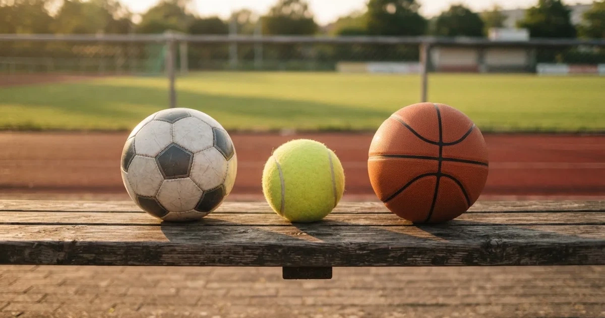 Drei Sportbälle, ein Fussball, ein Tennisball und ein Basketball, liegen nebeneinander auf einer Holzbank.