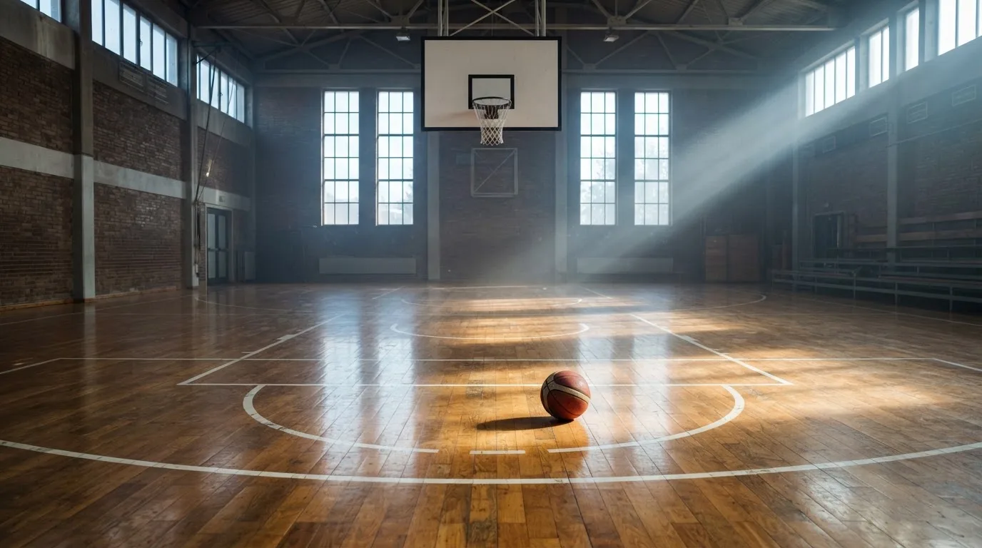 Ein Basketballkorb hängt in einer leeren Turnhalle, durch hohe Fenster fällt Licht auf das Holzparkett.