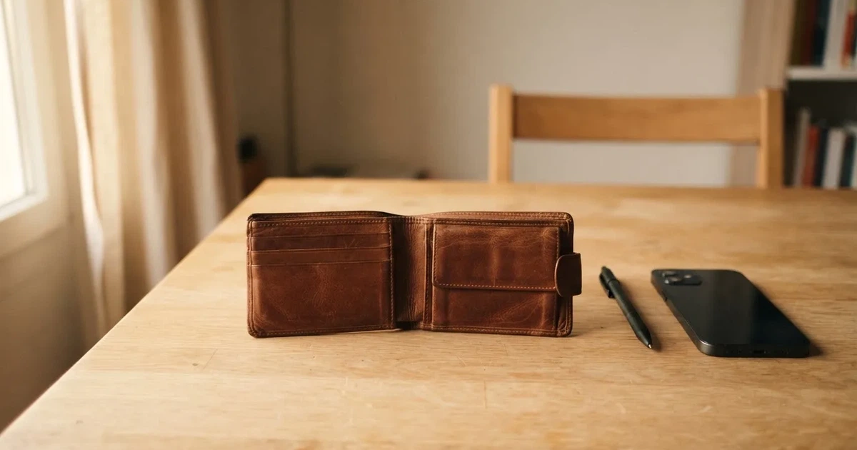 Eine leere Geldbörse aus Leder liegt geöffnet auf einem Tisch, daneben ein Kugelschreiber und ein Smartphone mit dunklem Display.