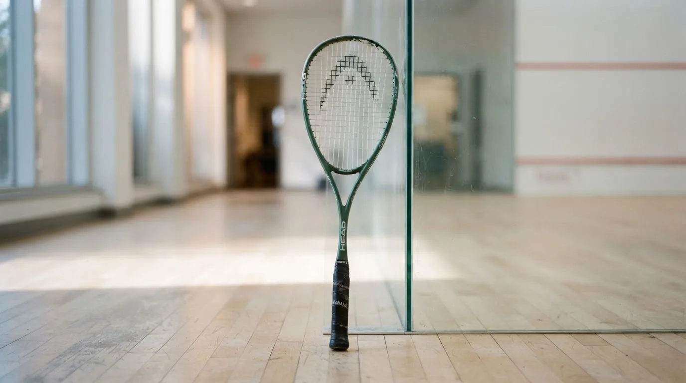 Ein Squashschläger lehnt an der Glaswand eines leeren Courts, draussen fällt Tageslicht in den Gang.
