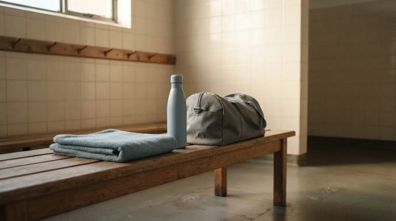 Ein Frottiertuch und eine Trinkflasche liegen auf einer Bank neben einer Sporttasche in einer ruhigen Garderobe.