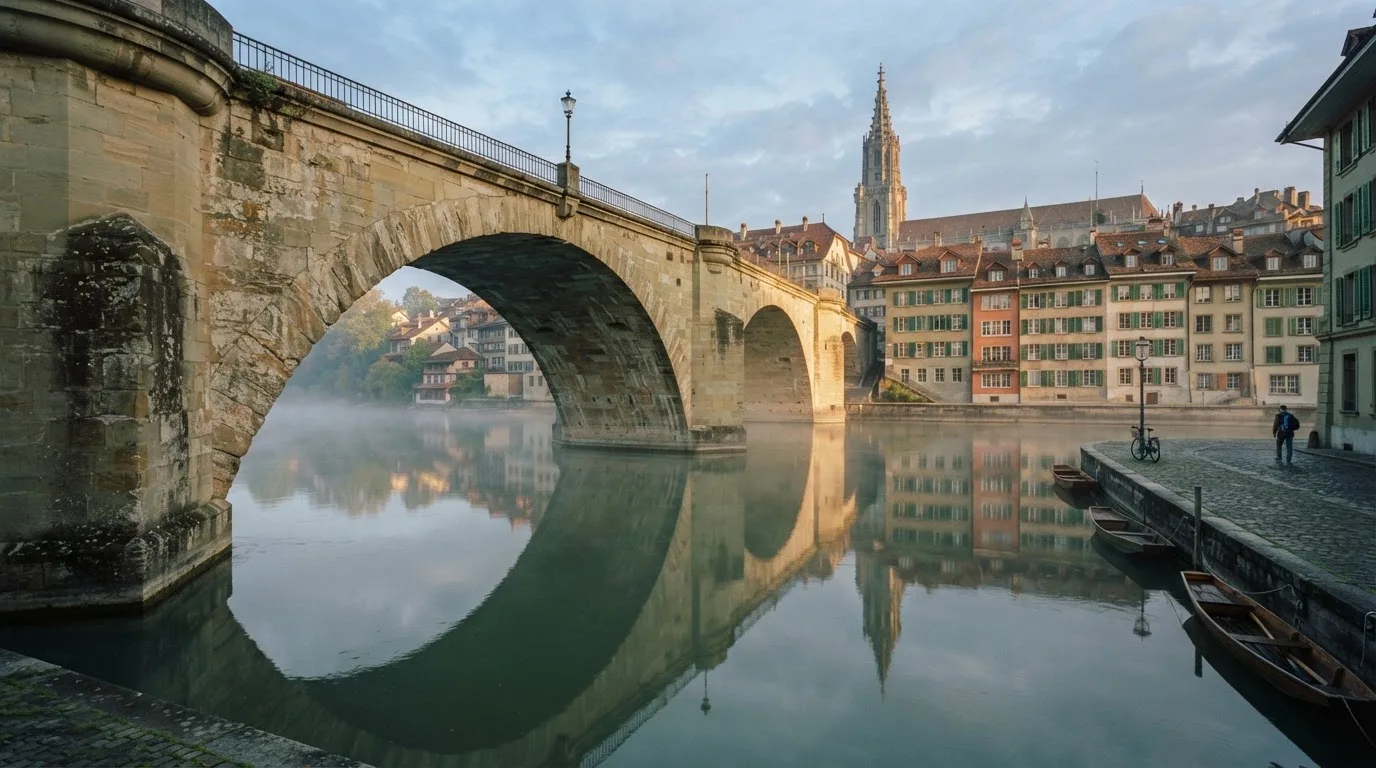 Ein steinerner Brückenbogen über einem Fluss in einer Schweizer Altstadt im ersten Morgenlicht.