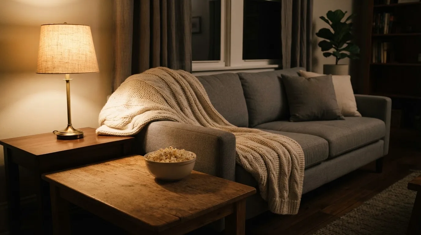Ein Sofa mit Wolldecke und eine Schale Popcorn auf dem Couchtisch in einem Wohnzimmer bei Lampenlicht am späten Abend.