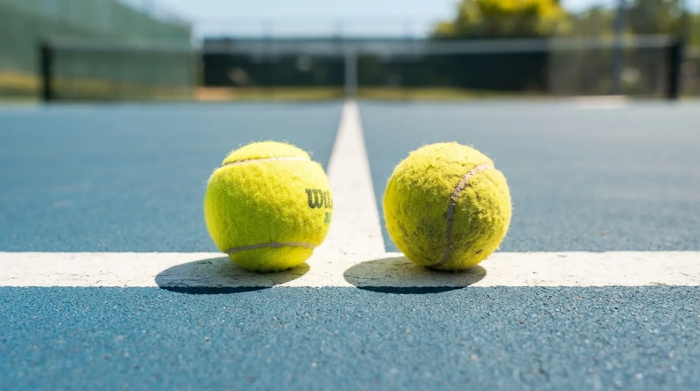 Zwei Tennisbälle liegen auf der weissen Grundlinie eines Hartplatzes im grellen Sonnenlicht.