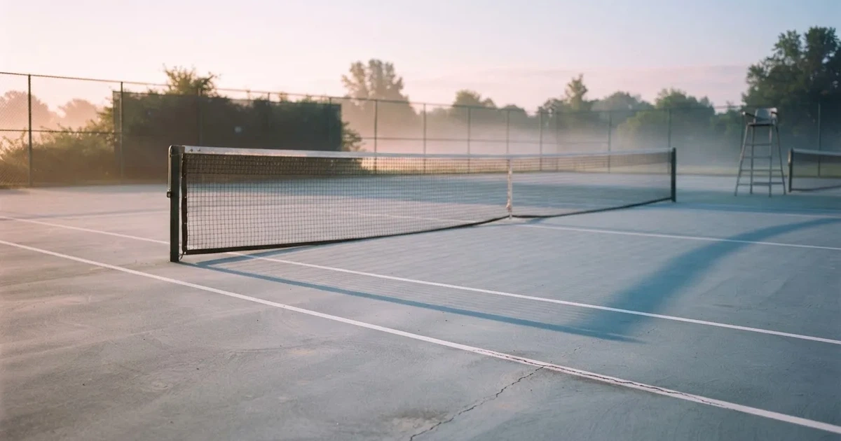 Ein leerer Tennisplatz im Morgengrauen, der Netzschatten fällt lang über den Platz, über der Grundlinie liegt leichter Nebel.