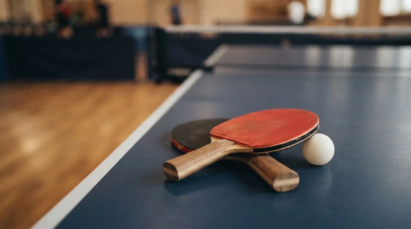 Zwei Tischtennisschläger liegen gekreuzt am Rand einer Platte, daneben ein kleiner weisser Ball.
