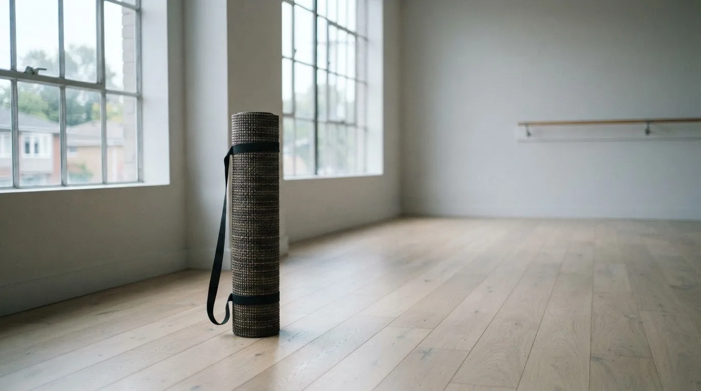 Eine zusammengerollte Trainingsmatte in der Ecke eines leeren Fitnessraums, durch hohe Fenster fällt Morgenlicht.