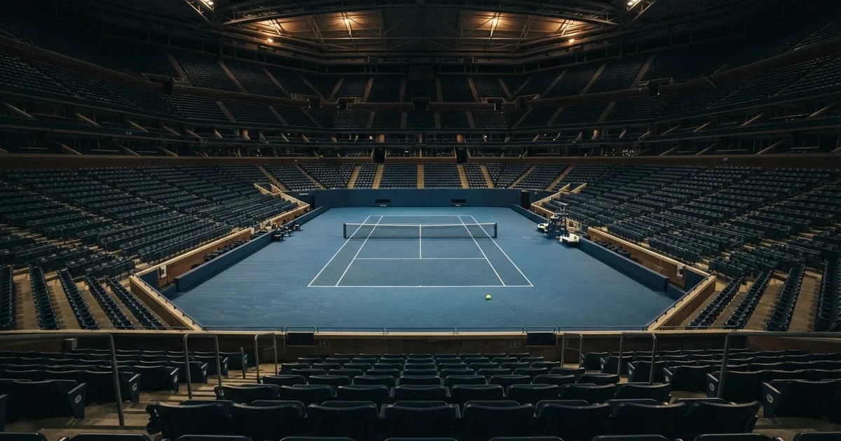 Ein hohes Tennisstadion mit geschlossenem Dach, von innen beleuchtet, leere Sitzreihen umschliessen den blauen Hartplatz.