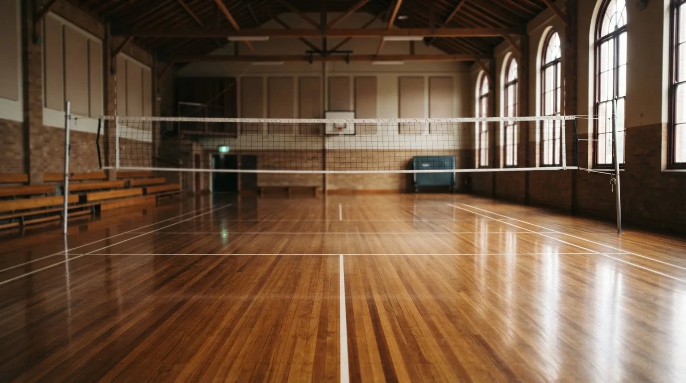 Eine Sporthalle mit gespanntem Volleyballnetz über poliertem Holzboden, hohe Fenster lassen Tageslicht herein.