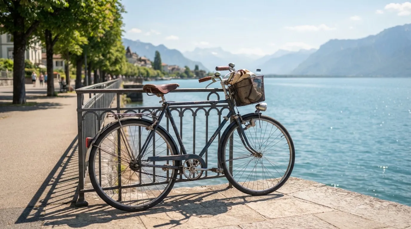 Ein Fahrrad lehnt an einem Geländer einer Uferpromenade an einem See im Sonnenlicht.