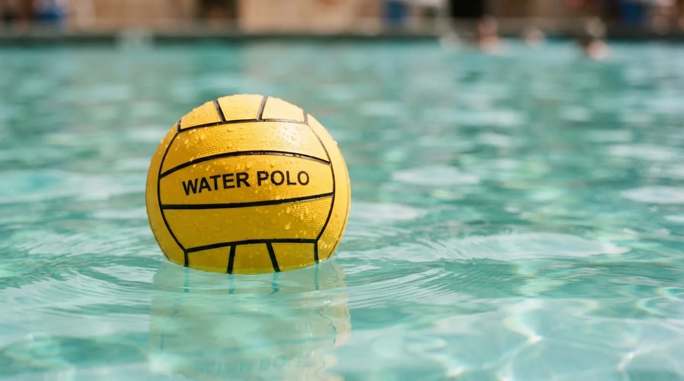 Ein gelber Ball treibt auf ruhigem türkisfarbenem Beckenwasser, feine Wellen im weichen Licht.