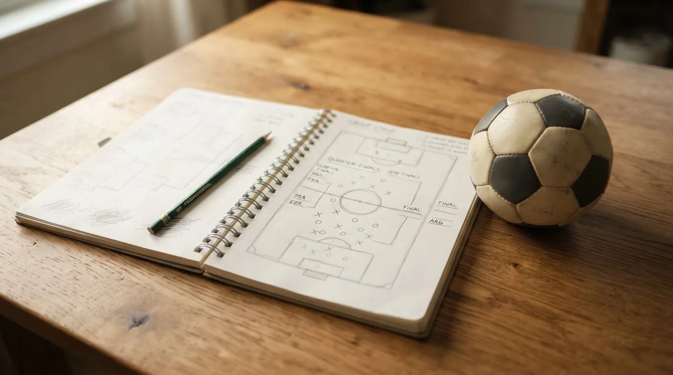 Ein aufgeschlagenes Notizbuch mit Bleistiftskizzen und ein kleiner Fussball liegen auf einem Holztisch im Tageslicht.