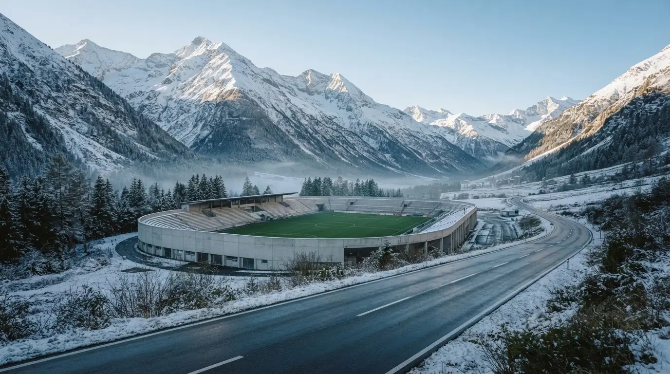 Schneebedeckte Berge erheben sich hinter einem Fussballstadion in einem Schweizer Tal, davor liegt eine leere Strasse im Morgenlicht.