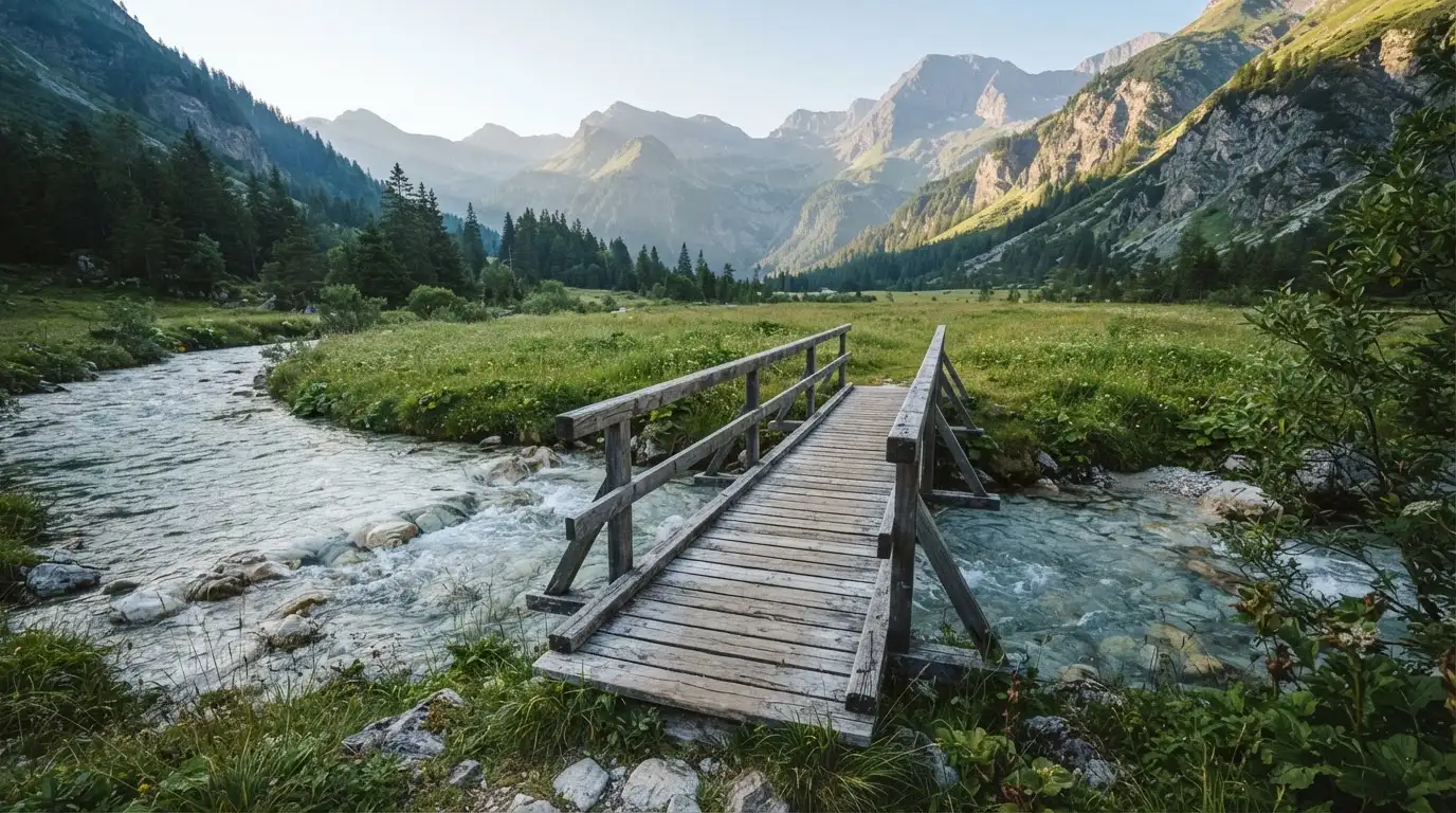Ein Holzsteg führt über einen klaren Bergbach, im Hintergrund Wiesen und steile Hänge im Morgenlicht.