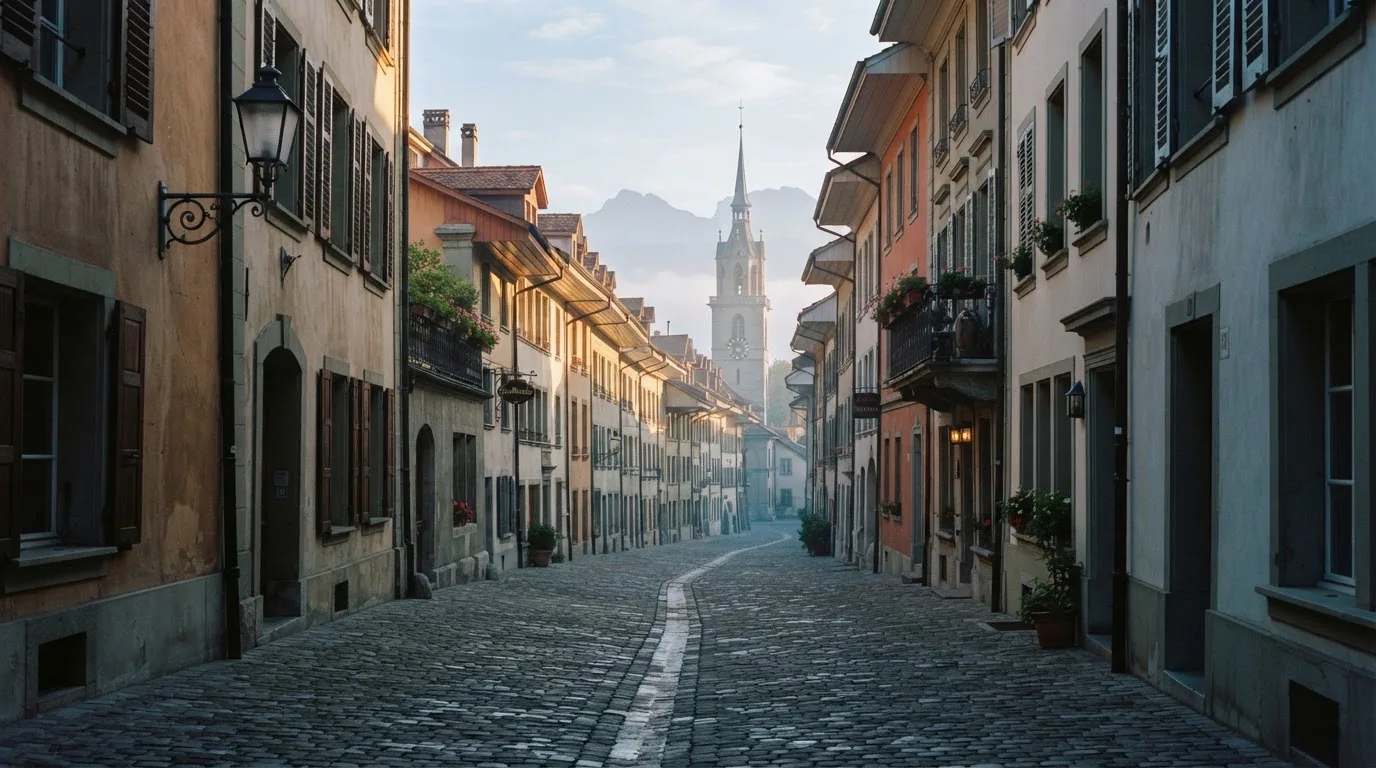 Eine ruhige Gasse in einer Schweizer Altstadt mit Kopfsteinpflaster am frühen Morgen, im Hintergrund ein Kirchturm und Berge im Dunst.