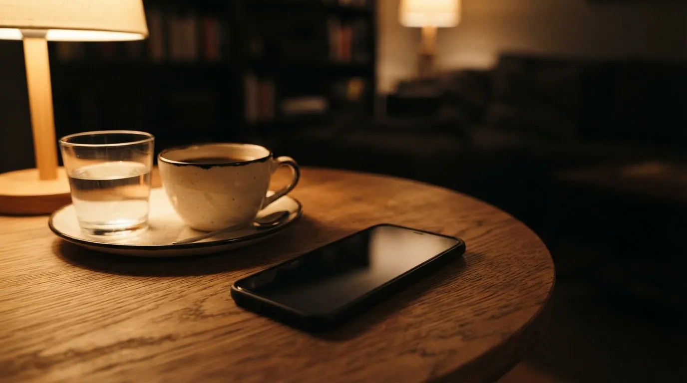 Ein Smartphone mit dunklem Display liegt neben einer Kaffeetasse und einem Glas Wasser auf einem Holztisch im Licht einer Lampe.